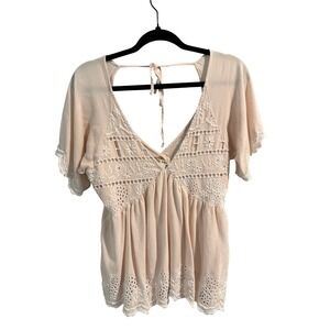Miami Blush Embroidered Peplum Top Boho Eyelet Flutter Sleeve Small